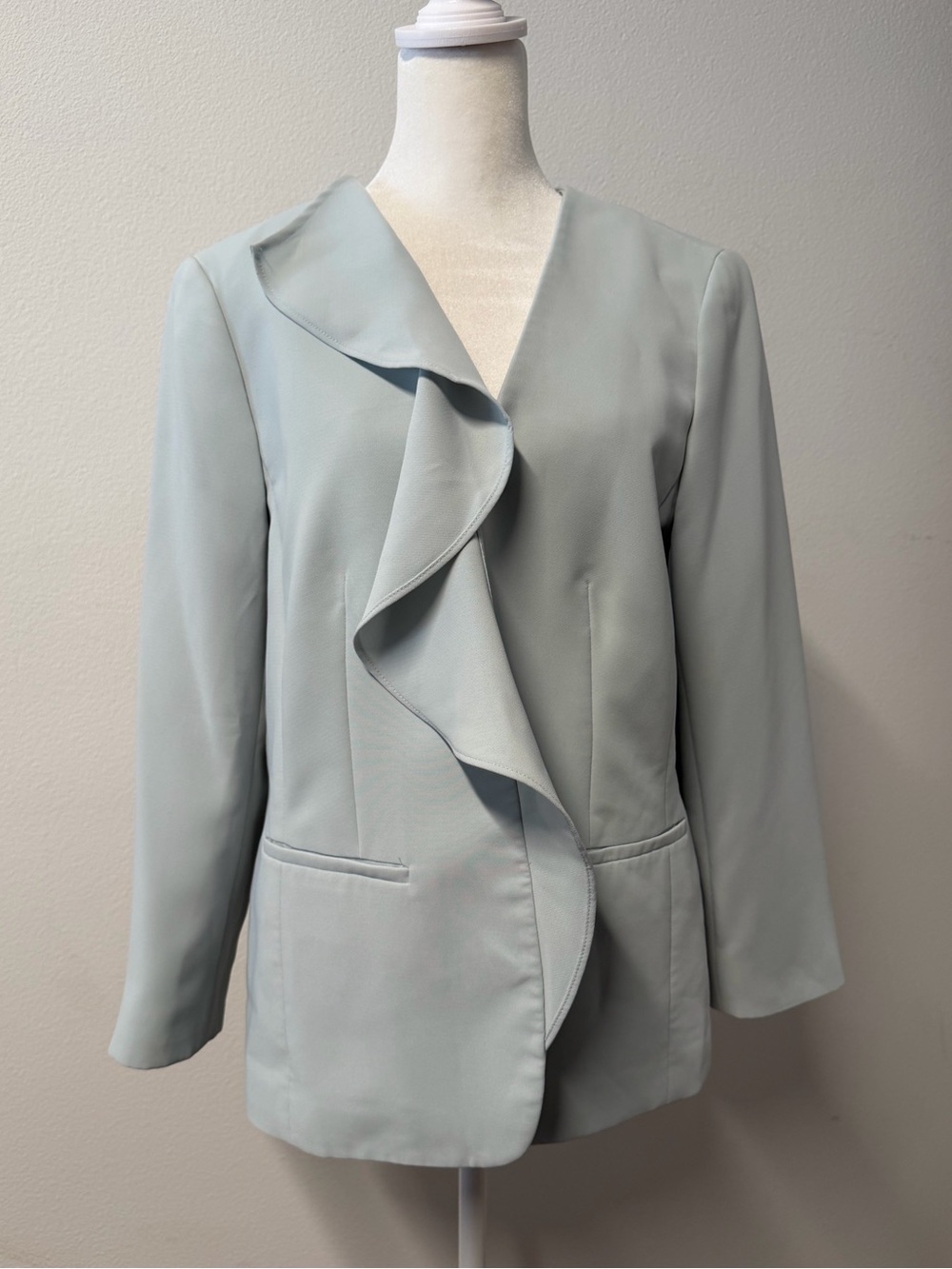 Talbots Light Blue Ruffle Front Blazer Size 10 Open Front Workwear Jacket